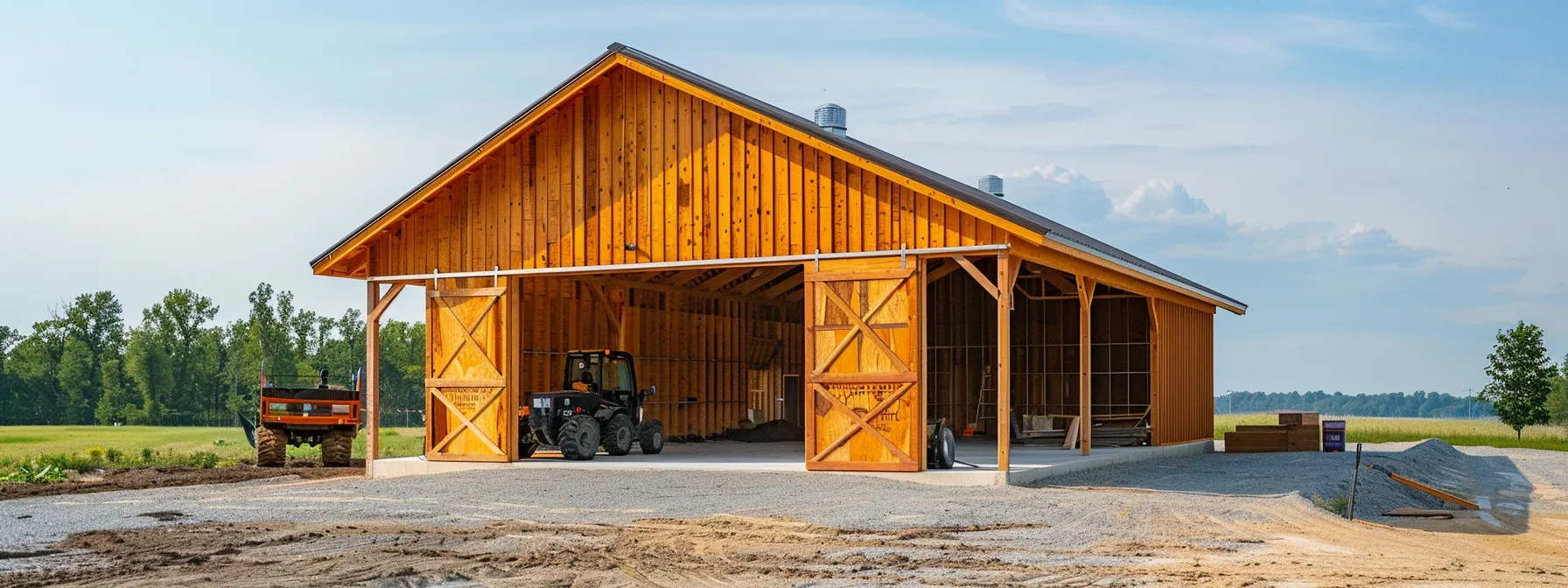 a team of builders carefully constructing a customized pole barn with precision and quality craftsmanship.