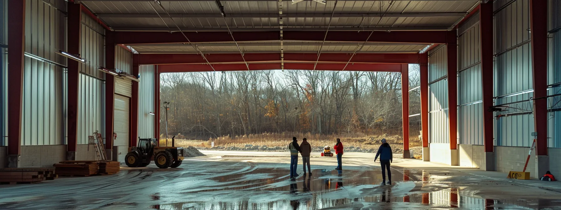 a group of people inspecting a newly constructed custom pole building in delaware.