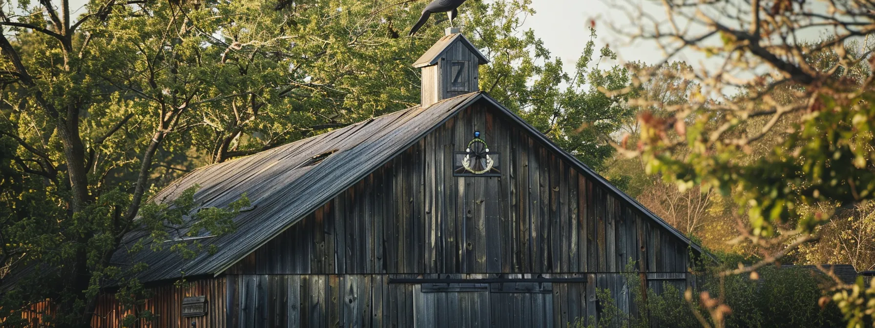 a rustic wooden pole building with a personalized weather vane on top, adding a touch of individuality and charm.